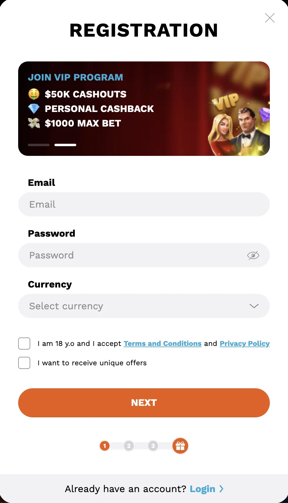 Levelup Casino Registration step 1